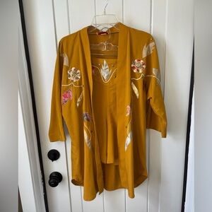 Vtg Ari Designs Cardigan & Shorts Set Sz M Mustard Embroidered Western Bohemian